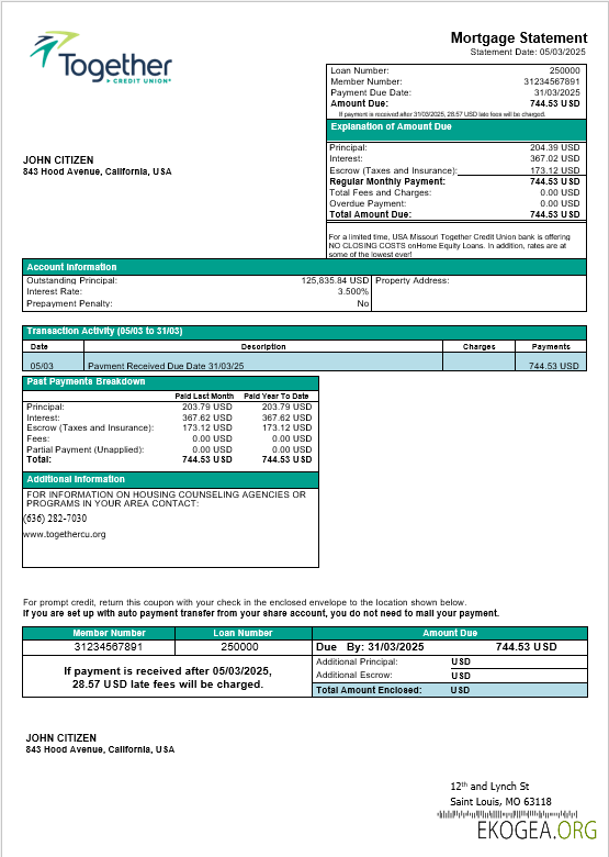 États , Unis Missouri Together Credit Union relevé hypothécaire bancaire aux formats Word et PDF